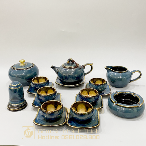 Quà tặng bộ ấm chén in logo Quả Hồng Xanh chỉ vàng kim - 450ml