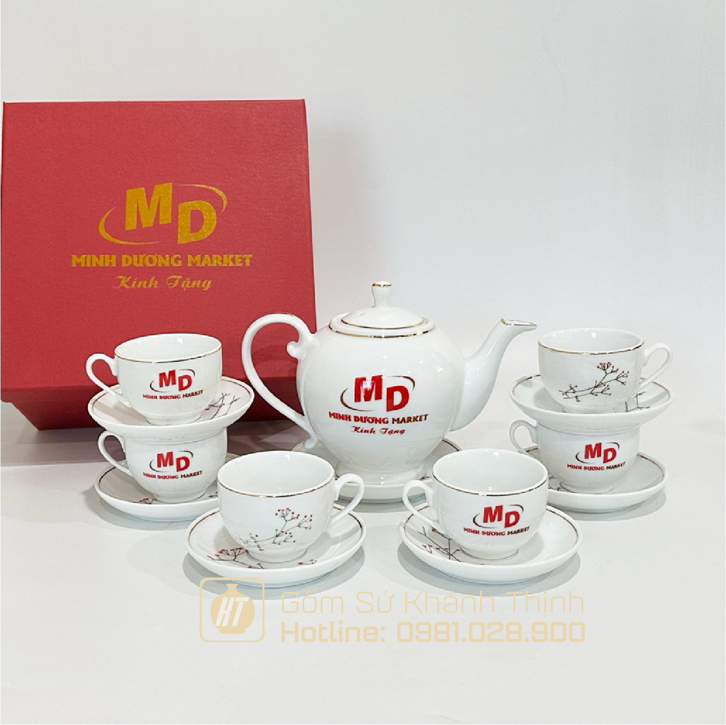 Bộ ấm chén Bát Tràng in logo camelia chỉ vk, họa tiết hoa tăm - 650/800ml